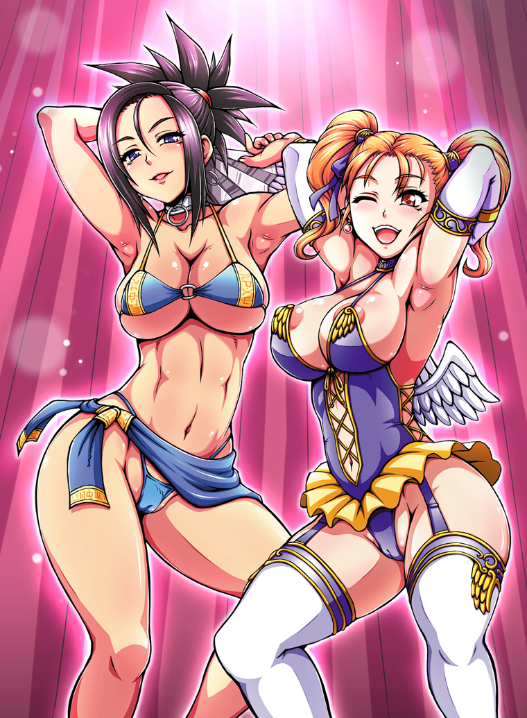 2girls alternate_costume areola areola_slip areolae armpits arms_behind_head arms_up big_breasts bikini blonde_hair blue_eyes blush breasts cameltoe cleavage cover cover_page doujin_cover dragon_quest dragon_quest_viii elbow_gloves gloves hair jessica_albert large_breasts looking_at_viewer motsu_ryouri multiple_girls navel one_eye_closed open_mouth parted_lips purple_hair red_(dq8) red_eyes smile spiked_hair square_enix standing stockings swimsuit thighhighs white_wings wings