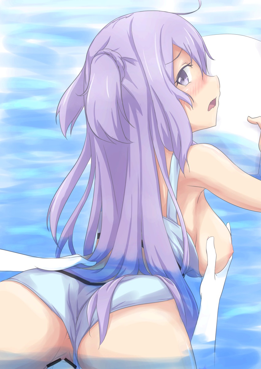 1girl ass big_breasts blush breast_grab breasts censored disembodied_limb dress gakusen_toshi_asterisk grabbing grabbing_from_behind high_res long_hair looking_at_viewer looking_back nipples nobcoffee nose_blush open_mouth partially_submerged purple_eyes purple_hair toudou_kirin two_side_up very_long_hair wavy_mouth