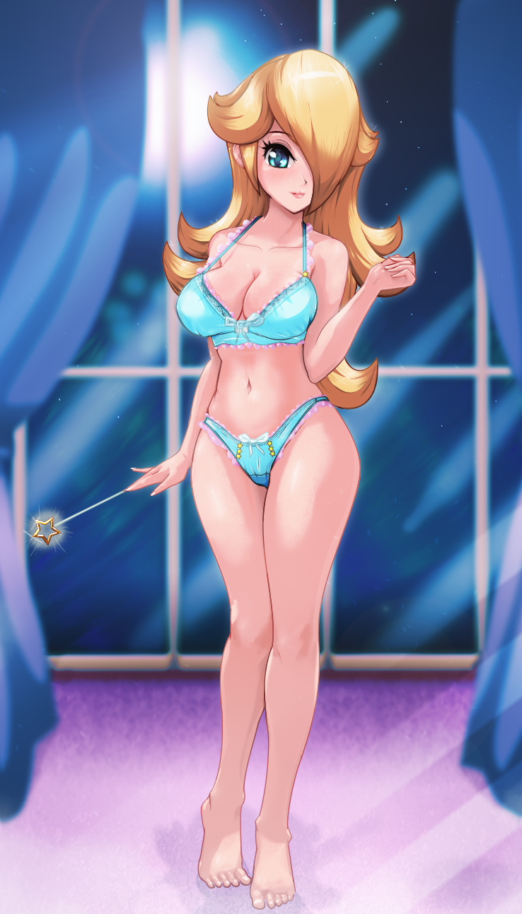 1girl alluring barefoot black-rayal blonde blonde_hair blue_eyes blush bra breasts cleavage curvy female female_only hair hair_over_one_eye long_blonde_hair long_hair looking_at_viewer mostly_clothed mostly_nude navel panties princess_rosalina rosalina rosetta_(mario) smile solo_female standing strap_gap super_mario_bros. super_mario_galaxy toes underwear wand wide_hips