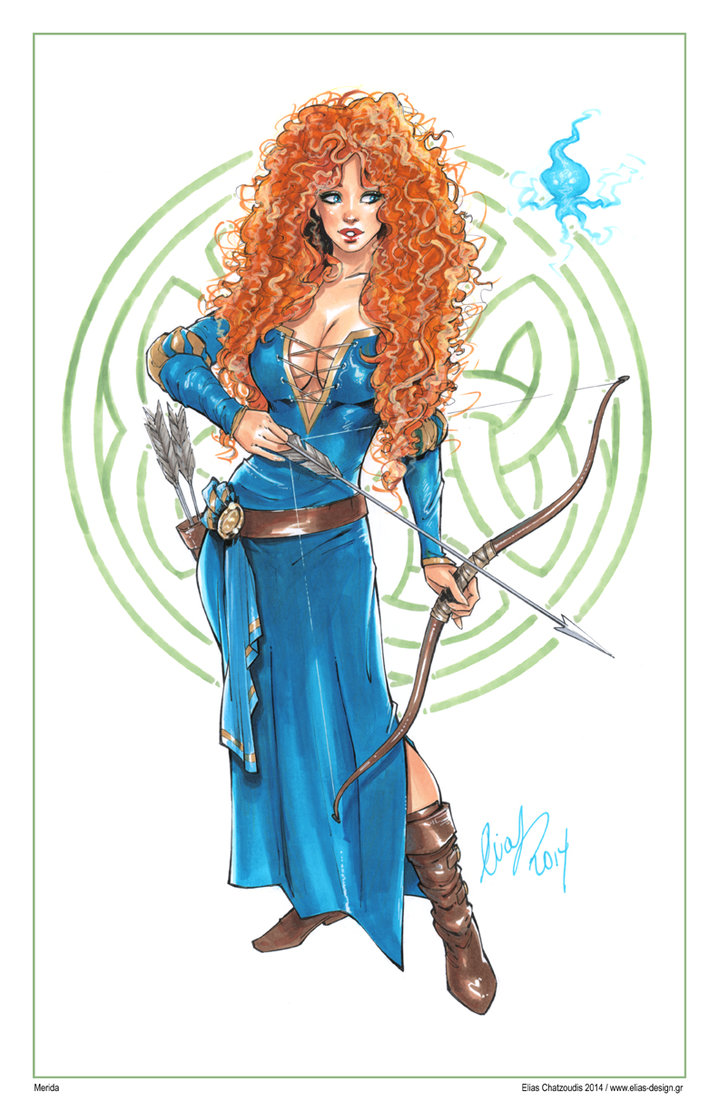 1girl 2014 big_breasts bow_(weapon) brave brave_(copyright) breasts cleavage disney elias_chatzoudis female_only full_body merida princess_merida will-o'-the-wisp