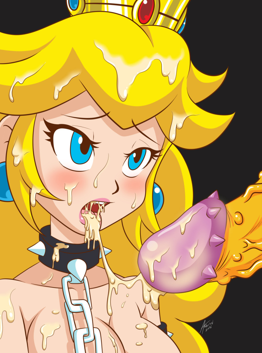 1boy 1girl blonde_hair blue_eyes blush bowser chains cleavage collar crown cum cum_in_hair cum_in_mouth cum_on_breasts earrings hair long_hair open_mouth penis princess_peach simple_background spiked_collar super_mario_bros. tongue tongue_out uncensored
