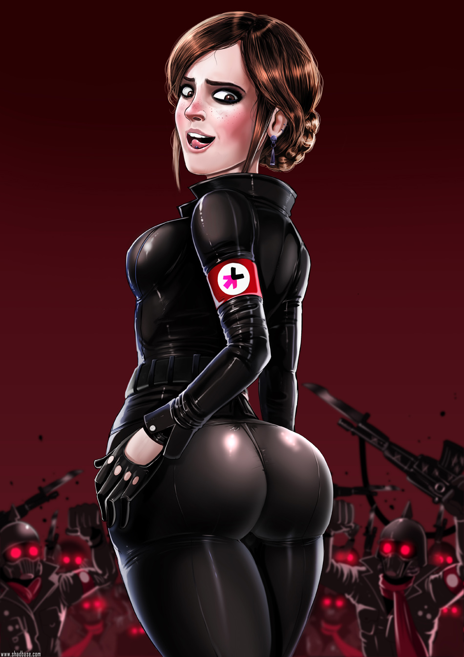 1girl armband ass big_ass body_suit breasts brown_eyes brown_hair earrings emma_watson feminazi freckles fuckable hair insanely_hot looking_back shadman short_hair skin_tight_suit smile tight_clothes tongue tongue_out tongue_piercing
