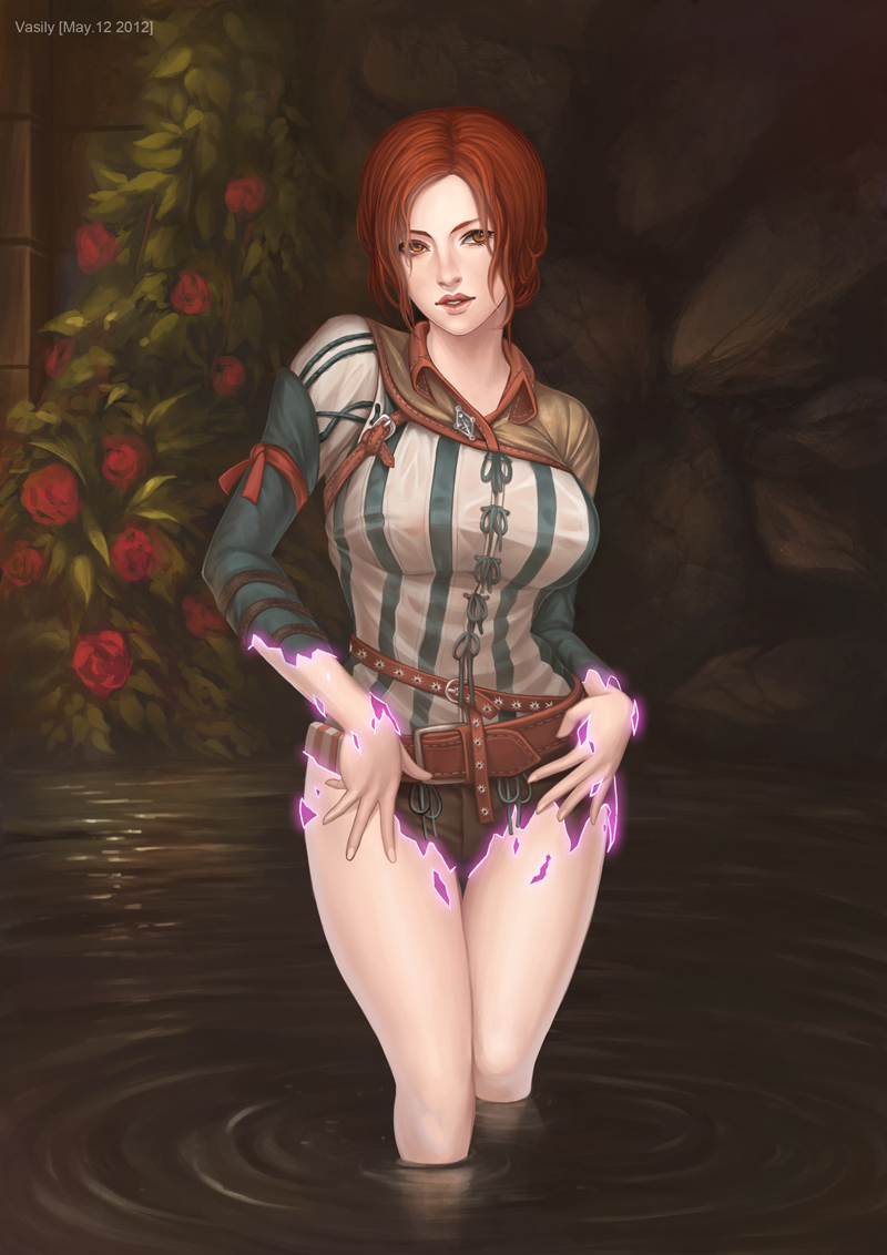 1girl bad_id breasts brown_eyes brown_hair dissolving_clothes nipples red_hair see-through short_hair smile solo the_witcher torn_clothes triss_merigold vasily_(run211) water wet