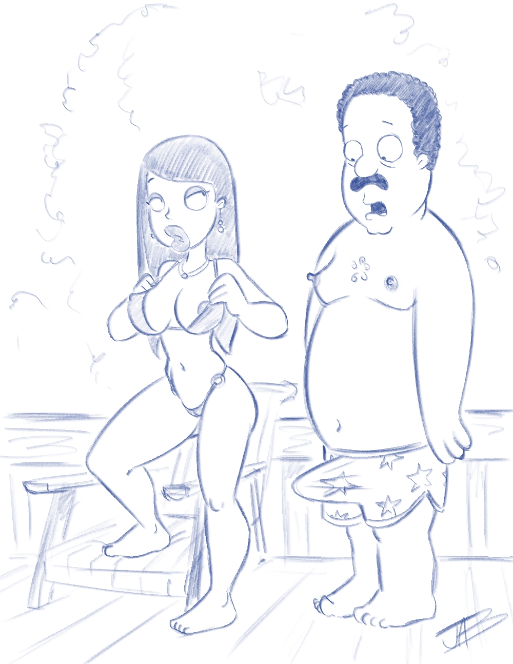 cleveland_brown drawing erection jab monochrome roberta_tubbs stepdaughter swimsuit the_cleveland_show white_background