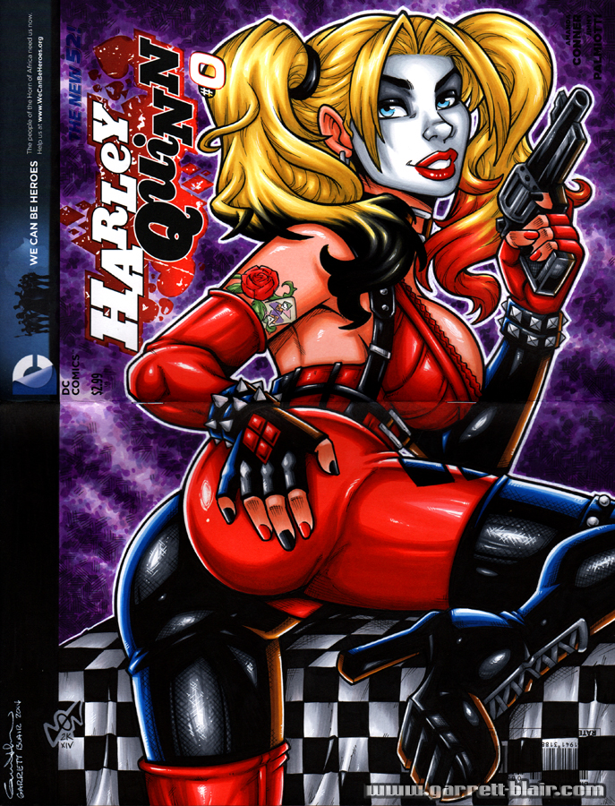 1girl ass batman_(series) blonde_hair blue_eyes comic_cover dc_comics earring elbow_gloves face_paint female_only fingerless_gloves garrett_blair gun hand_on_ass harley_quinn heels looking_at_viewer looking_back makeup non-nude smile solo_female tattoo twin_tails weapon