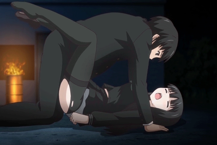 animated animated_gif black_hair bouncing_breasts closed_eyes clothed_sex euphoria_(clockup) euphoria_(copyright) hair hentai missionary sex torn_pantyhose