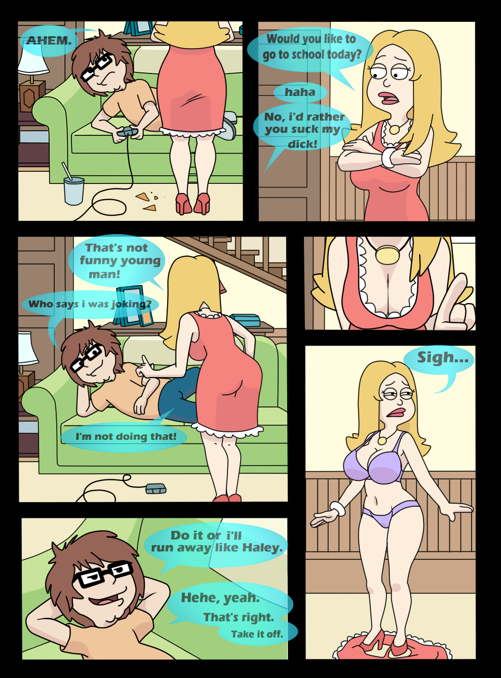 american_dad big_breasts blonde_hair bra breasts cleavage dress francine_smith heels incest lipstick milf mother mother_and_son panties shoes son steve_smith underwear undressing whargleblargle
