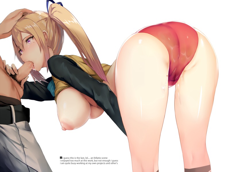 1girl ass bangs bent_over big_breasts blonde_hair blouse breasts buruma english fellatio from_side hand_on_another's_head hanging_breasts hetero hews_hack high_res huge_breasts kawakami_mai long_hair male_pubic_hair mole mole_under_eye musaigen_no_phantom_world nipples oral penis pubic_hair purple_eyes pussy_juice side_ponytail simple_background uncensored white_background