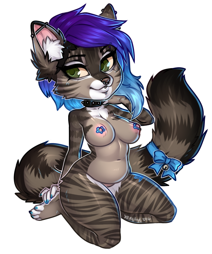 1girl anthro bell big_breasts blue_hair bow breasts cat chibi collar ear_piercing facial_piercing feline fur furry green_eyes grey_fur hair kneel lip_piercing mammal nipples nose_piercing nose_ring nude piercing purple_hair stripes thick_thighs transparent_background wide_hips xenthyl