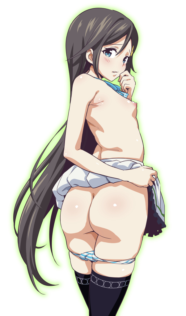 1girl areola areolae ass black_hair black_legwear blue_eyes blush breasts from_behind izumi_reina long_hair looking_at_viewer musaigen_no_phantom_world nipples panties panty_pull parted_lips shin_(sin-maniax) skirt skirt_lift small_breasts solo stockings thighhighs topless underwear very_long_hair