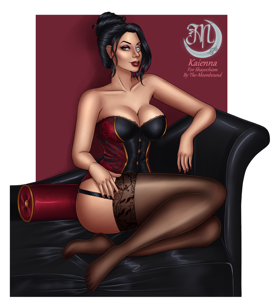 1_girl arm arm_rest arm_support arms art babe bare_arms bare_shoulders big_breasts black_hair blue_eyes breasts character_name cleavage collarbone corset couch eyeshadow garter_straps high_res lady_kaienna legs lips lipstick looking_at_viewer makeup monocle moonbound_(artist) nail_polish neck red_lipstick red_nails short_hair sitting smile sofa stockings strapless warcraft