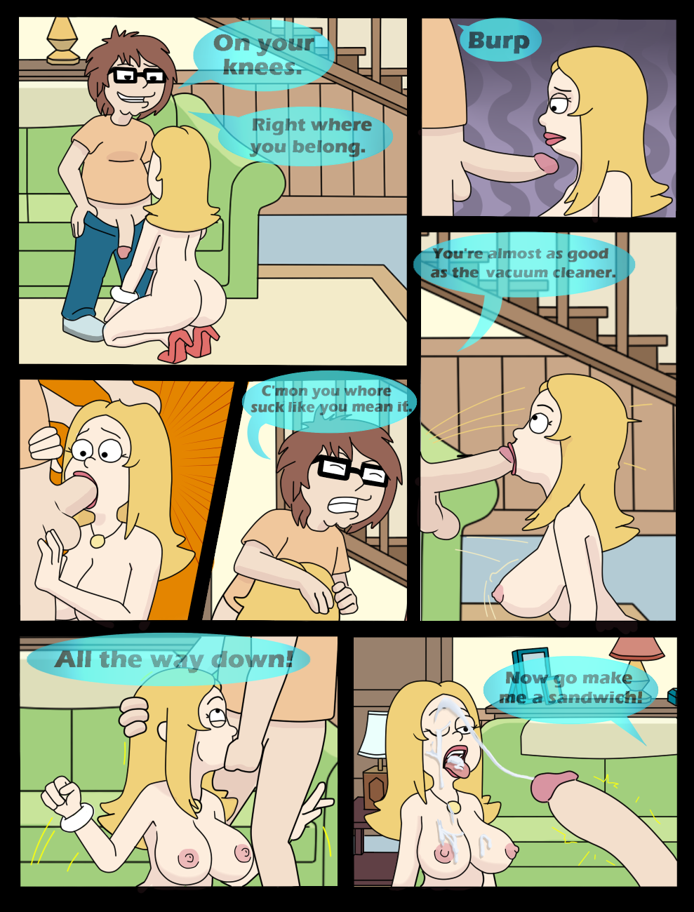 american_dad ass big_breasts big_penis blonde_hair breasts clothed_male_nude_female cum cum_in_mouth cum_on_breast cum_on_face deepthroat fellatio forced francine_smith glasses high_heels incest lipstick milf mother mother_and_son nipples nude oral parent penis sex son steve_smith testicles whargleblargle