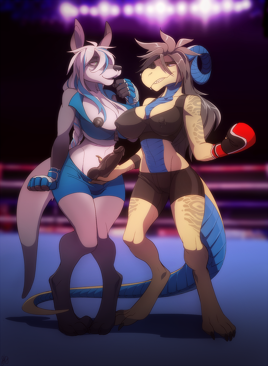 1girl anthro areola big_breasts boxing boxing_gloves breasts cleavage clothed clothing detailed_background dickgirl digital_media_(artwork) duo erect_nipples erection fur furry grin hair high_res horn intersex intersex/female kangaroo long_hair mammal markings marsupial nipples open_mouth patto penis piercing reptile scalie shorts smile sport standing tight_clothing white_fur