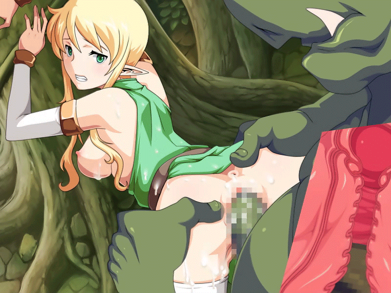 1girl against_tree animated animated_gif anus ass ass_grab bent_over blonde_hair bouncing_breasts breasts breasts_outside caryo censored clenched_teeth clothed_female_nude_male clothed_sex cross_section cum cum_on_ass detached_sleeves elf forest green_eyes looking_back moaning monster nature nipples open_mouth orc outdoors penis pointy_ears pussy rape sex size_difference skindentation teeth thighhighs tree vaginal white_legwear