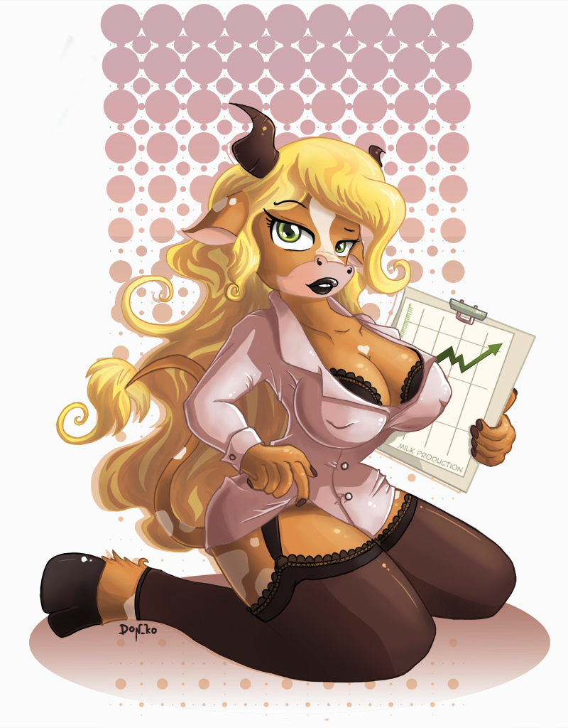 1girl 1girl abstract_background anthro blonde_hair bovine breasts cattle cleavage clothed clothing cloven_hooves don_ko furry green_eyes hair hooves horn long_hair mammal nipple_bulge pinup pose sitting spots_(marking)