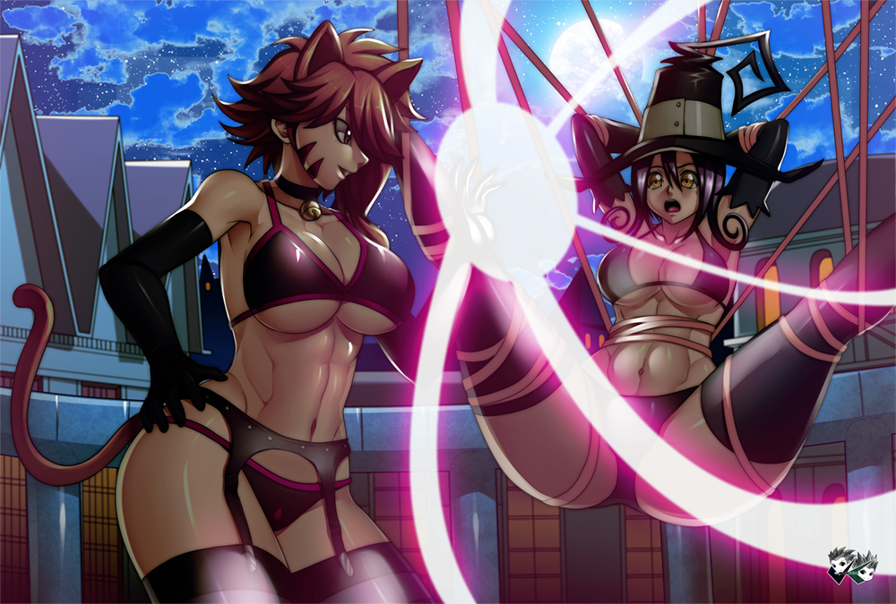 2girls animal_ears arms_behind_head bdsm big_breasts bikini blair bondage bound breasts brown_eyes brown_hair cat_ears cat_girl cat_tail crossover elbow_gloves facial_mark fairy_tail fake_animal_ears garter_straps gloves hair hand_on_hip hat headgear jadenkaiba jadenkaiba_(artist) long_hair looking_at_another magic milliana millianna moon multiple_girls navel night open_mouth purple_hair short_hair smile soul_eater spread_legs stomach suspension swimsuit tail thighhighs toned whisker_markings witch witch_hat yellow_eyes