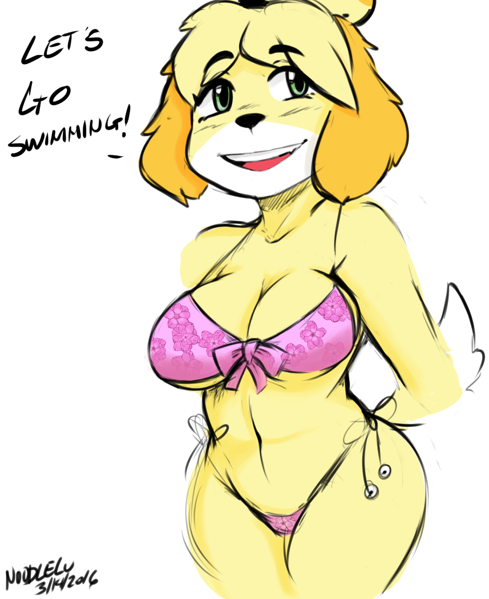 1girl 2016 animal_crossing anthro big_breasts blush breasts canine cleavage clothed clothing dialogue dog english_text furry green_eyes isabelle_(animal_crossing) mammal nintendo noodle-lu open_mouth smile swimsuit text video_games white_background