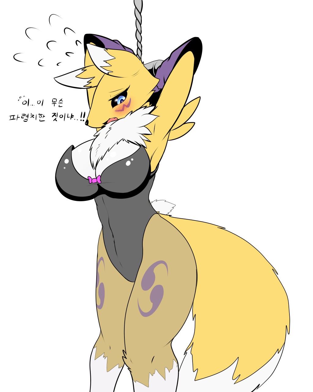! 1girl 2016 anthro big_breasts black_nose black_sclera blue_eyes blush breasts bridal_gauntlets canine cleavage clothed clothing digimon fox fur furry high_res huge_breasts korean_text mammal navel open_mouth purple_markings raised_arm renamon ribbons rope tailzkim text tongue translated translucent transparent_clothing tuft white_background white_fur yellow_fur