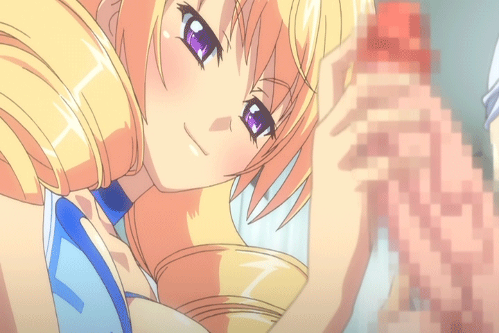 2girls animated animated_gif anime blonde_hair blush breasts drill_hair futanari hair hentai intersex large_breasts multiple_girls naughty_face purple_eyes shinsei_futanari_idol:_dekatama_kei!