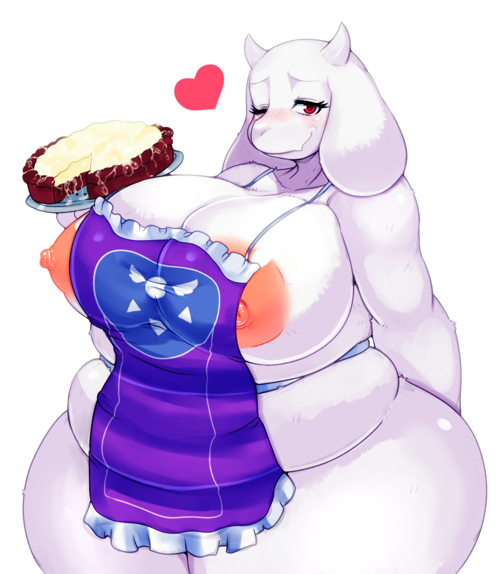 1girl 2016 anthro apron areola areolae boss_monster breasts caprine clothing fangs fat food furry gigantic_breasts goat goat_ears hand_behind_back heart horn horns large_areolae long_ears looking_at_viewer mammal mato_spectoru matospectoru naked_apron nipples obese one_eye_closed overweight pie red_eyes simple_background smile solo thick_thighs toriel tray undertale video_games white_background wide_hips