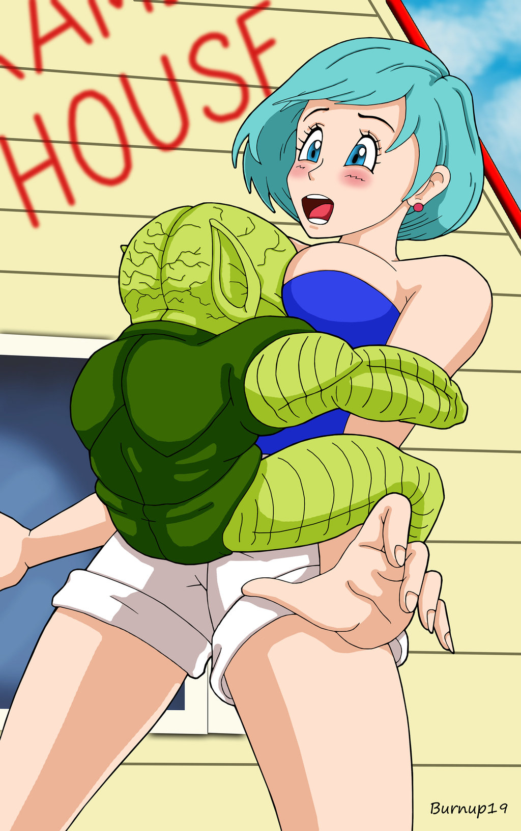 1girl absurd_res aqua_hair art babe bare_legs bare_shoulders big_breasts blue_eyes blush breast_smother breasts bulma_briefs burnup19 burnup19_(artist) dragon_ball dragon_ball_z earrings green_skin high_res hug hugging jewelry leg_hug leg_lock legs looking_at_another looking_down monster neck open_mouth restrained saibaman scared short_hair shorts strapless teeth white_shorts
