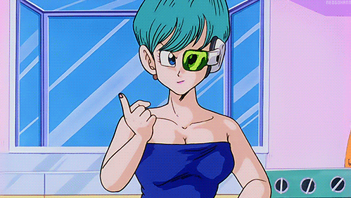 1girl 2d 2d_animation animated animated_gif anime aqua_hair arm arms babe bare_arms bare_shoulders breasts bulma_briefs cleavage collarbone dragon_ball dragon_ball_z gif indoors inviting looking_at_viewer naughty_face neck short_hair smile strapless upper_body visor