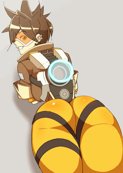 1girl all_fours ass ass_shake belt bomber_jacket bouncing_breasts breasts brown_hair crossed_arms earrings gif goggles grin huge_ass jacket jewelry jiggle looking_at_viewer looking_back nisego overwatch pants short_hair skin_tight smile solo teeth thighs tight tight_pants tracer_(overwatch) twerking video_game