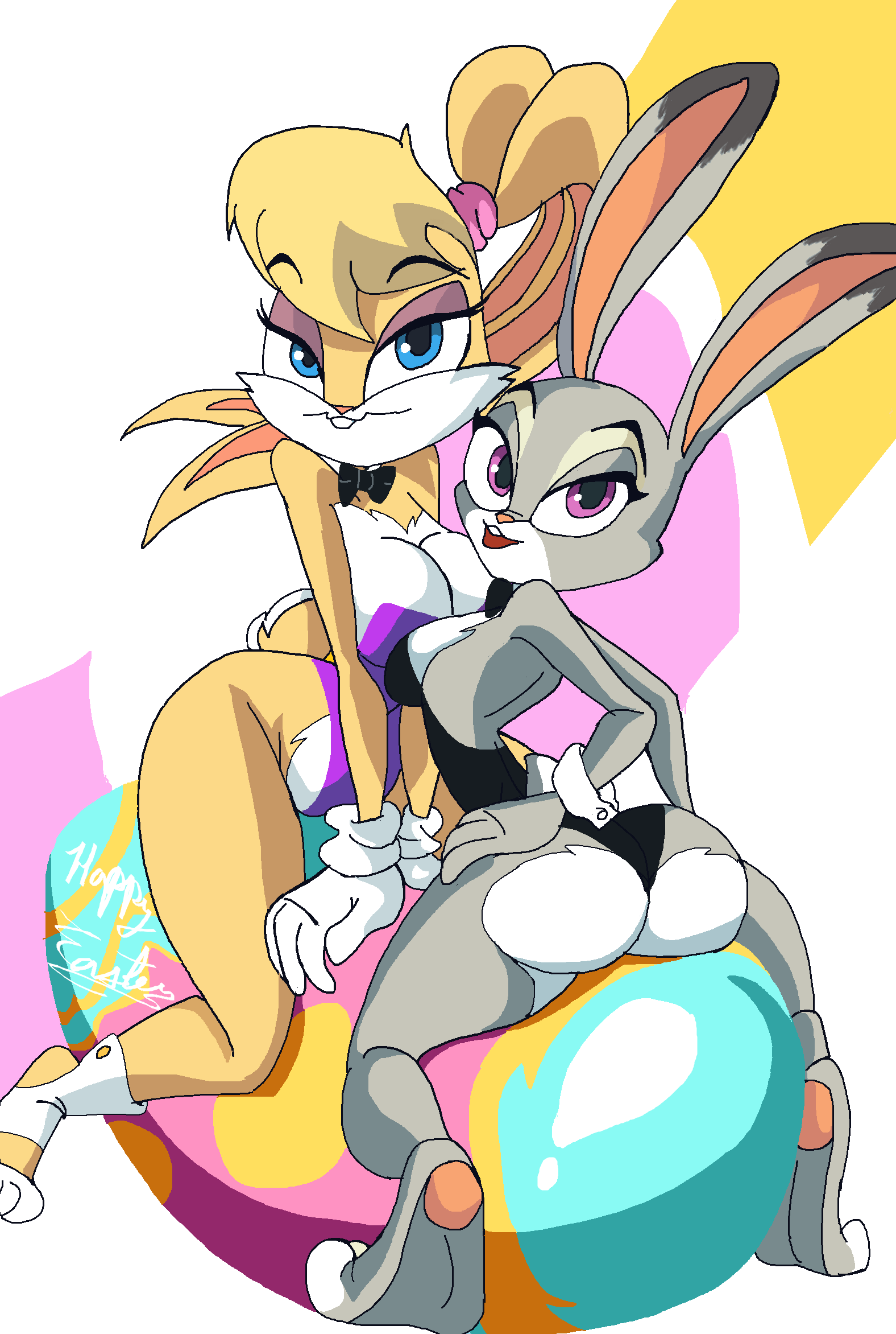 1girl 2016 anthro ass big_ass big_breasts blue_eyes bow_tie breasts cleavage clothed clothing crossover disney duo egg furry hand_on_butt judy_hopps lagomorph lola_bunny looking_at_viewer looking_back looney_tunes mammal manic47 ninjaspartankx5 purple_eyes rabbit rear_view skimpy small_breasts straddling warner_brothers zootopia
