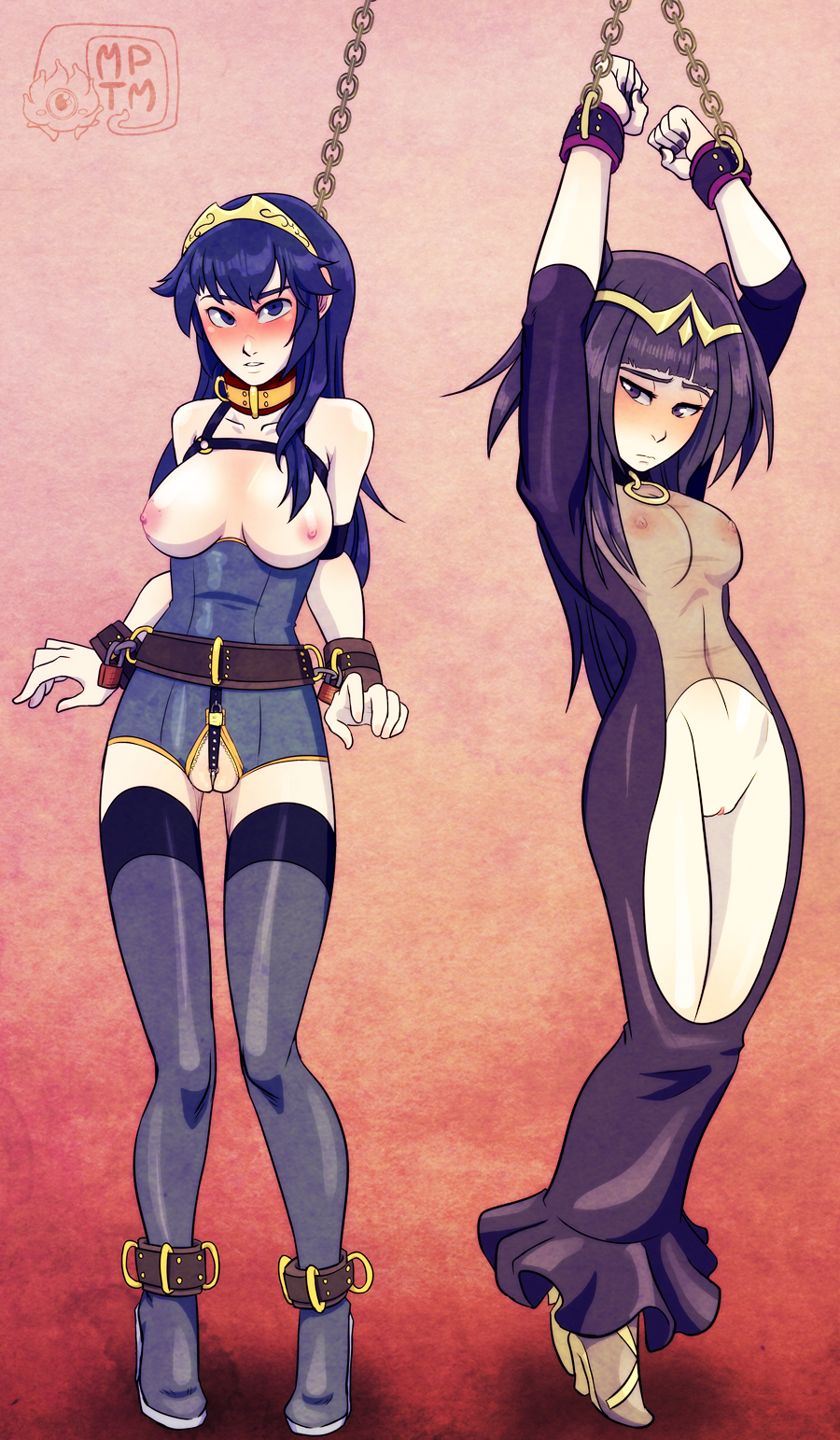2girls ankle_cuffs areolae arms_up bare_shoulders bdsm belt big_breasts black_eyes black_hair blue_eyes blue_hair blush bondage boots bottomless bound breasts chain chastity_belt circlet collar crotchless crotchless_clothes cuffs dress fire_emblem fire_emblem:_kakusei fire_emblem_awakening full_body harness high_heel_boots high_heels high_resolution highres hobble_skirt lock long_hair looking_at_viewer lucina midriff multiple_girls my_pet_tentacle_monster navel nintendo nipples padlock parted_lips predicament_bondage prisoner pussy see-through shoes slave standing stockings strap tharja thigh_high_boots topless uncensored wrist_cuffs