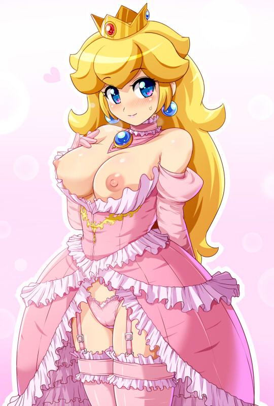 1girl areolae arm_behind_back bare_shoulders blonde_hair blue_eyes blush breasts breasts_outside crown doubleasterisk dress earrings elbow_gloves garter_straps gloves heart heart-shaped_pupils jewelry konpeto large_breasts long_hair looking_at_viewer nintendo nipples panties pink_dress pink_legwear pink_panties princess_peach showgirl_skirt smile solo standing super_mario_bros. symbol-shaped_pupils thighhighs underwear very_long_hair