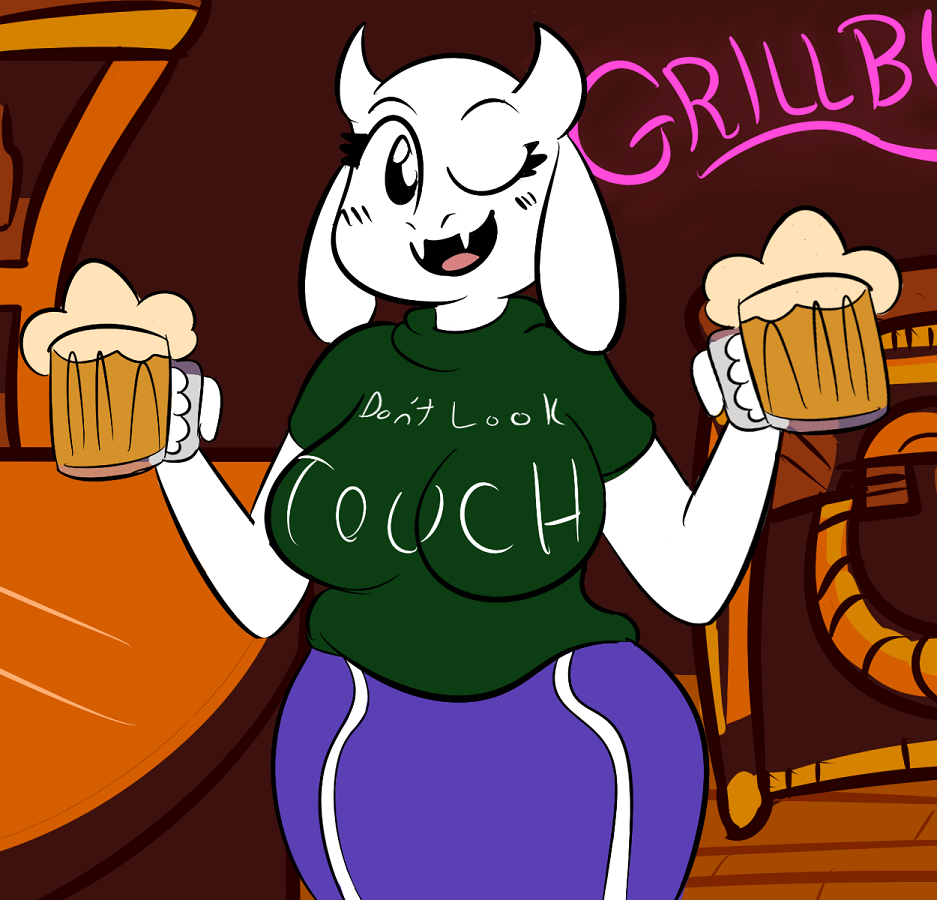 1girl 2010s 2016 alcohol anthro anthro_only bar barmaid beer beer_mug beverage big_breasts boss_monster breasts caprine cleavage clothed clothing creepycurse english_text female_only food furry furry_only goat holding_mug horn huge_breasts mammal monster monster_girl sfw solo solo_female text toriel undertale undertale_(series) video_games wink