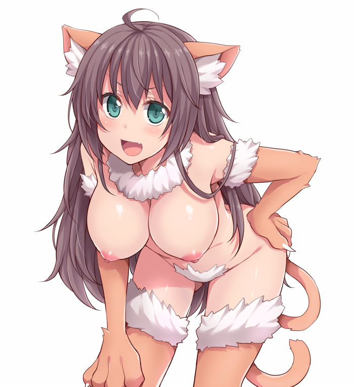 1girl animal_ears aqua_eyes bent_over big_breasts black_hair breasts cat_ears cat_paws cat_tail fang fur_trim hand_on_hip hasu_(hk_works) large_breasts long_hair looking_at_viewer monster_girl nekomimi nipples open_mouth original paws smile solo tail very_long_hair