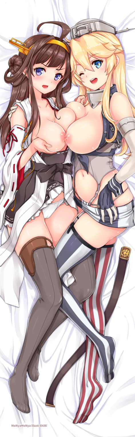 2girls :d ;d ahoge anchor artist_name ass asymmetrical_docking bangs bed bed_sheet belt belt_removed between_legs big_breasts black_skirt blonde blonde_hair blue_eyes blush breast_hold breast_press breasts breasts_out_of_clothes breasts_outside brown_hair buttons cameltoe chain chains clavicle cleavage collarbone dakimakura deep_skin detached_sleeves eyebrows eyebrows_visible_through_hair eyelashes fingerless_gloves frilled_skirt frills front-tie_top full_body garter_straps gloves grey_legwear hair hair_between_eyes hair_bun hairband hakama_skirt hand_under_clothes head_tilt head_to_head headgear high_resolution highleg highleg_panties highres iowa_(kantai_collection) japanese_clothes kantai_collection kongou_(kantai_collection) large_breasts long_hair long_image looking_at_viewer lying miniskirt mismatched_legwear multiple_girls navel nipple-to-nipple nipples no_shoes nontraditional_miko on_bed on_side one_eye_closed open_mouth panties pink_lips purple_eyes red_ribbon ribbon ribbon-trimmed_sleeves ribbon_trim shibi shimapan skirt skirt_lift sleeveless smile star star-shaped_pupils stockings stomach striped striped_legwear striped_panties symbol-shaped_pupils symmetrical_docking tall_image tassel thighhighs tied_hair unbuttoned underwear upskirt vertical-striped_legwear vertical_stripes wafuku white_panties wink yuri
