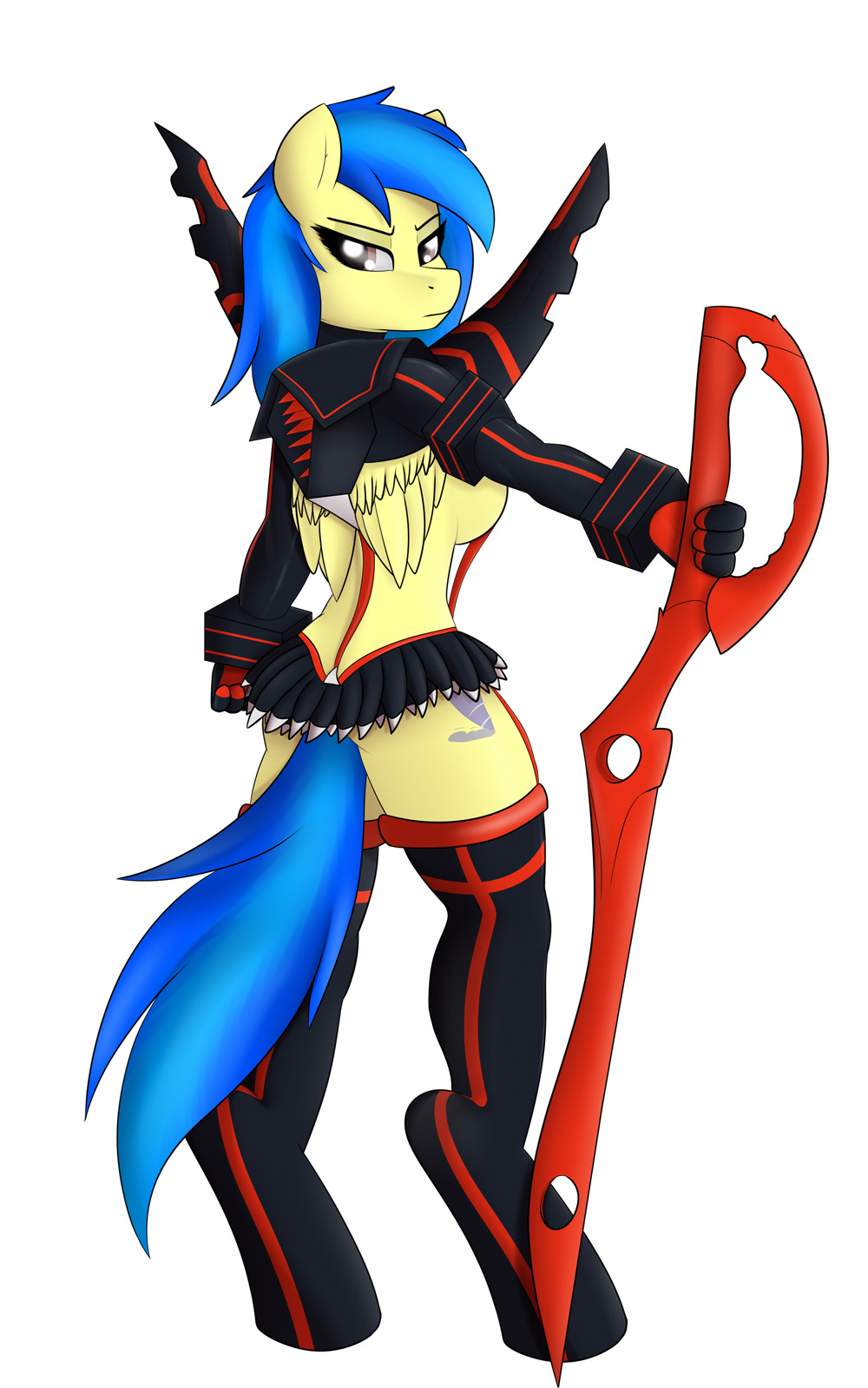 1girl anthro anthrofied booponies clothing crossover equine fan_character friendship_is_magic furry high_res horse kill_la_kill legwear mammal melee_weapon my_little_pony pony scissors silvia_windmane simple_background skirt stockings sword weapon white_background
