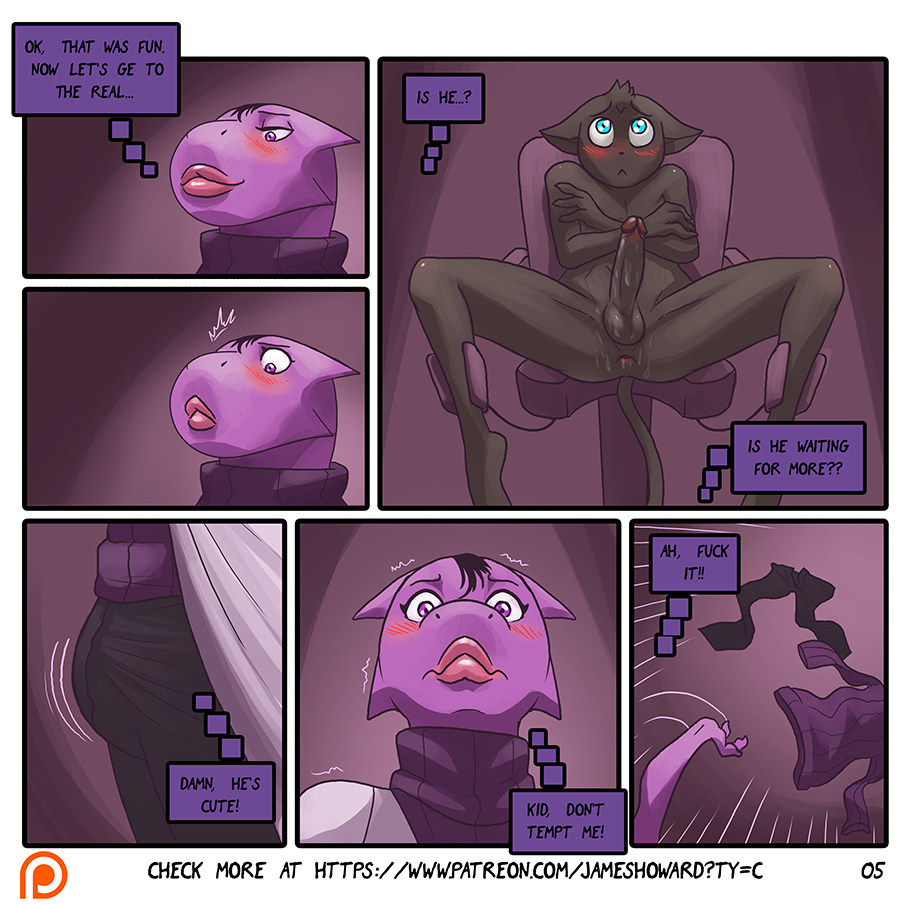 anthro blush bulge clothing comic dialogue dickgirl dragon feline furry intersex james_howard lab_coat lying male mammal nude on_back patreon purple_skin scalie size_difference sweater testicles