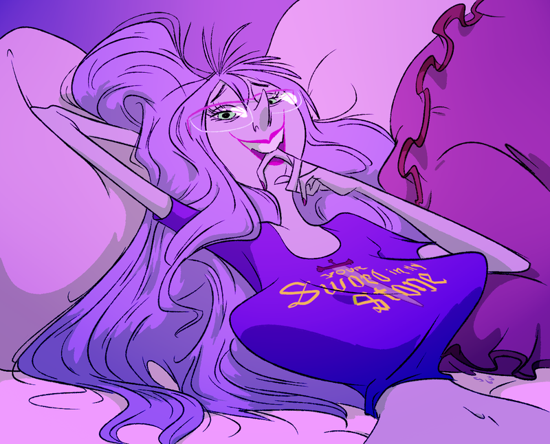 babe big_breasts breasts disney female glasses green_eyes hair lipstick long_hair madam_mim open_mouth pillows purple_hair slb smile teeth the_sword_in_the_stone witch woman