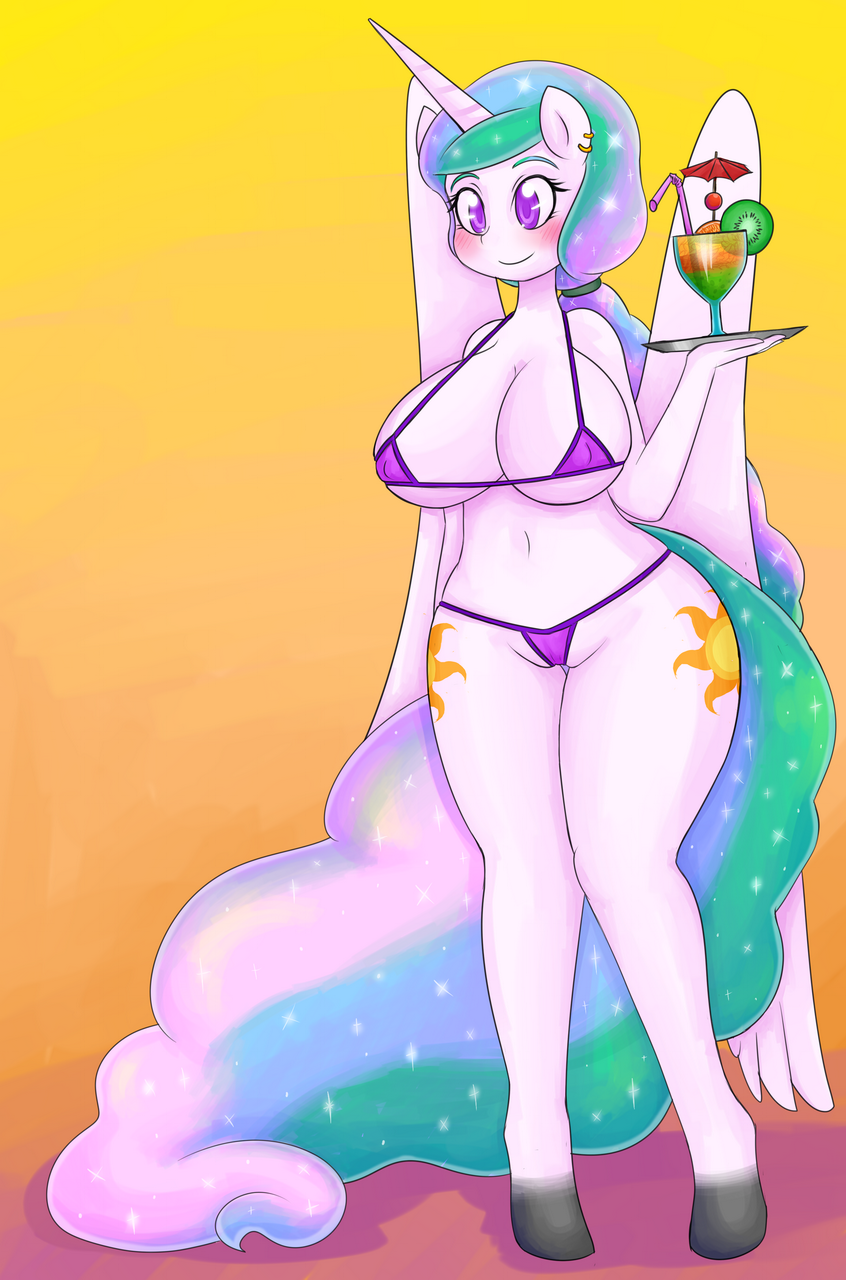 1girl anthro basketgardevoir big_breasts bikini blush bra breasts cameltoe clothing cutie_mark drink earrings equine feathered_wings feathers friendship_is_magic furry glass high_res horn jewelry large_breasts long_hair multicolored_hair my_little_pony navel nipples panties princess_celestia purple_eyes slave smile solo standing swimsuit tray very_long_hair white_feathers white_fur white_skin wide_hips wings