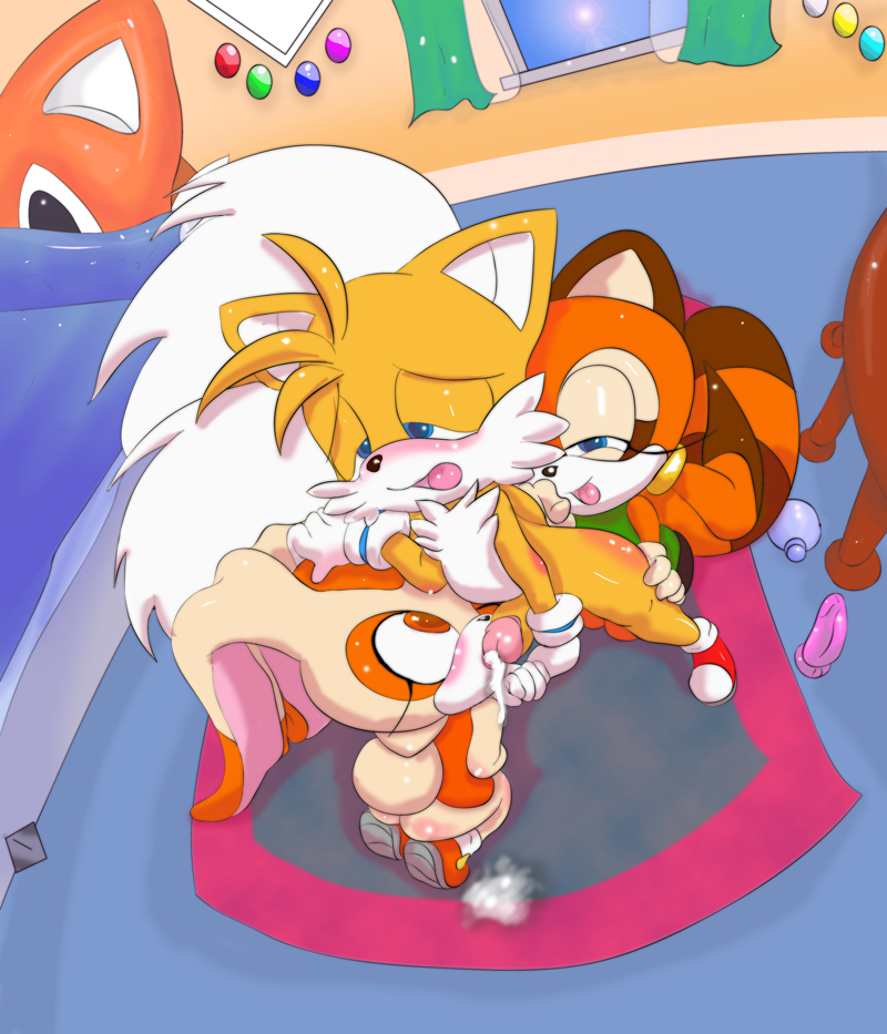 1boy 2girls af-js anthro cream_the_rabbit fellatio marine_the_raccoon miles_"tails"_prower multiple_tails oral sega sonic_(series) sonic_team tail