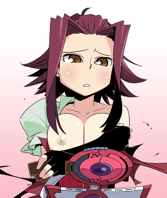 1girl akiza_izinski armor bangs bare_shoulders black_dress blush breasts brown_eyes card cleavage collarbone crossed_arms dress duel_disk erect_nipples holding holding_card huge_breasts izayoi_aki large_breasts looking_at_viewer nipples parted_bangs pile_of_cards pink_background puffy_sleeves red_hair shoulder_pads solo strapless strapless_dress torn_clothes ukitanisu undressing upper_body wardrobe_malfunction yu-gi-oh! yu-gi-oh!_5d's yuu-gi-ou yuu-gi-ou_(card) yuu-gi-ou_5d's yuu-gi-ou_5d's