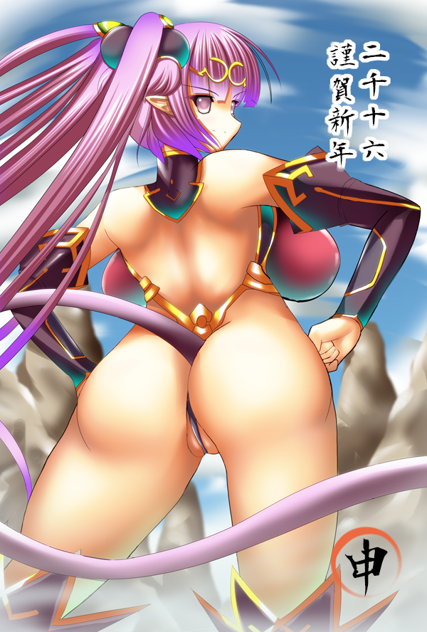 1girl ass bare_shoulders big_breasts breasts bridal_gauntlets from_behind highres huge_ass huge_breasts impossible_clothes jewelry leotard long_hair looking_at_viewer looking_back partially_visible_vulva pointed_ears pointy_ears purple_eyes purple_hair pussy queen's_blade queen's_blade_grimoire rushima seiten_(queen's_blade) shiny shiny_clothes shiny_skin smile solo tail thighhighs thong_leotard tiara twin_tails twintails very_long_hair