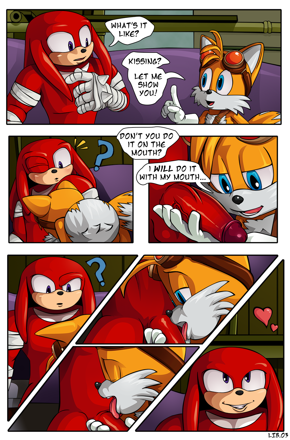 anthro canine comic echidna eyewear fellatio fox furry goggles high_res kiss knuckles_the_echidna licking male male/male mammal miles_"tails"_prower monotreme nearphotison oral penis sega sex sonic_boom speech_bubble tongue tongue_out