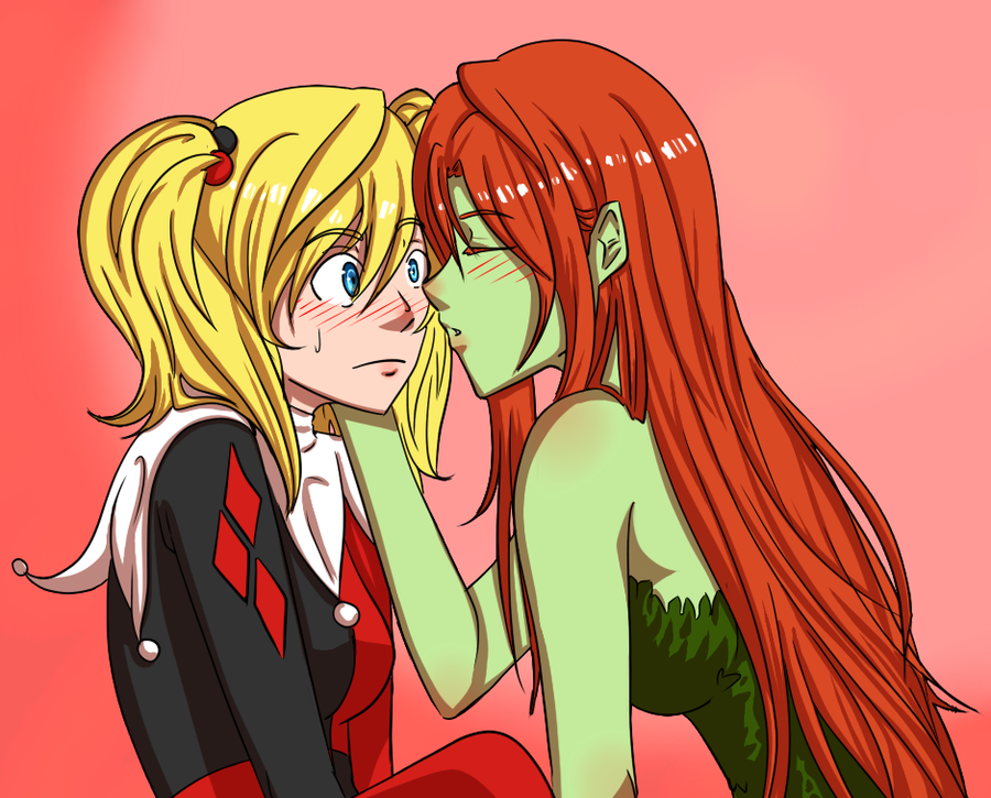 2_girls 2girls babe bare_shoulders batman_(series) blonde blonde_hair blue_eyes closed_eyes dc dc_comics dc_universe dcau embarrassed female female/female female_only green_skin hair hair_between_eyes hand_on_another's_face harley_quinn incipient_kiss ivyquinn long_hair looking_at_another love multiple_girls orange_hair parted_lips peppermintbat_(artist) poison_ivy redhead shiny shiny_hair short_hair shy surprised sweat twin_tails upper_body yuri