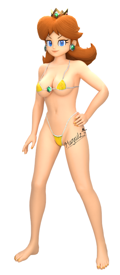 1girl 3d bikini blue_eyes earrings female female_human female_only flower_earrings hanxulz long_hair looking_at_viewer mostly_nude princess_daisy standing super_mario_bros. transparent_background