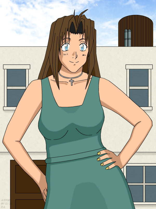 1girl ajd262 aqua_dress arms bare_arms bare_shoulders blue_eyes blush brown_hair building collarbone door dress hand_on_hip jewelry long_hair looking_at_viewer milly_thompson nail_polish necklace outdoors smile trigun window yellow_nails
