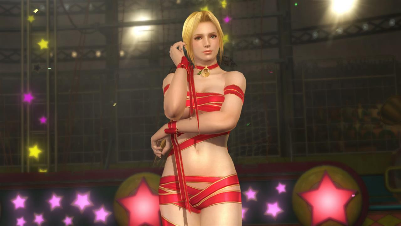 1girl 3d babe bare_shoulders bell bell_choker blonde blonde_hair blue_eyes breasts choker christmas dead_or_alive dead_or_alive_5 hair helena_douglas large_breasts lips long_hair looking_at_viewer midriff naked_ribbon navel neck necklace nude nude_cover official_art ribbon standing team_ninja tecmo underboob