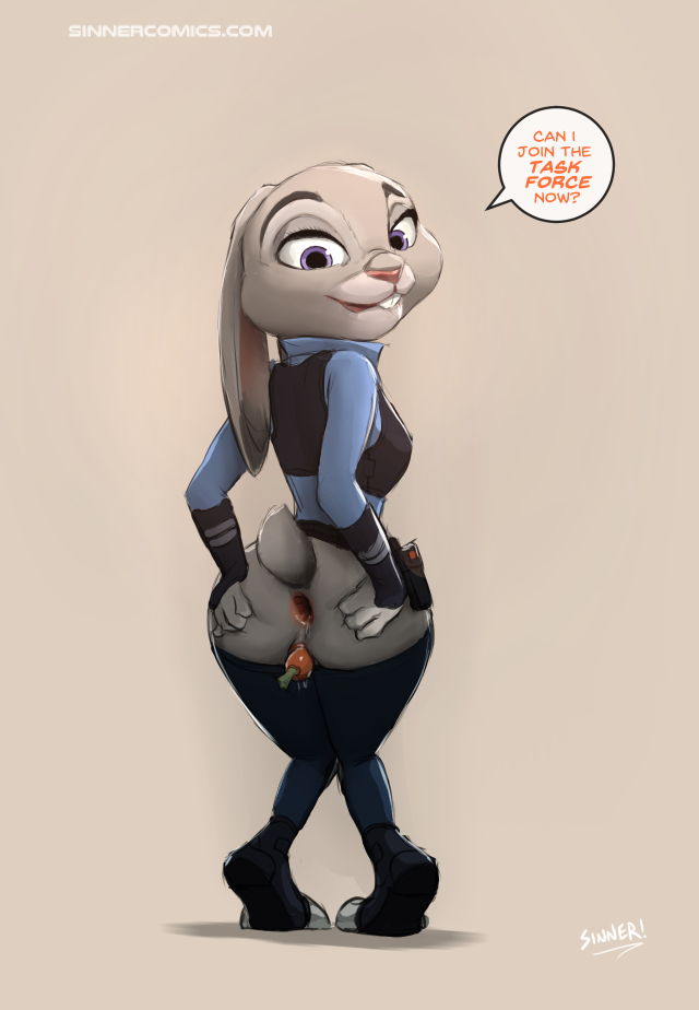 1girl 2016 anthro anus biting_lip carrot carrot_dildo clothed clothing dialogue disney female female_only furry gaping gaping_anus hands_on_ass improvised_dildo improvised_sex_toy judy_hopps lagomorph looking_at_viewer looking_back mammal pants_down partially_clothed police_uniform pose purple_eyes pussy rear_view sillygirl_(artist) sinner sinner!_(sillygirl) uniform vaginal vaginal_insertion zootopia
