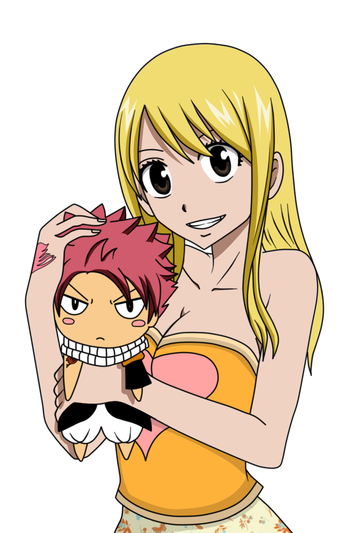 1girl arm arms art babe bare_arms bare_shoulders black_eyes blonde blonde_hair breasts clenched_teeth collarbone doll fairy_tail grin holding holding_doll keit45 keit45_(artist) long_hair looking_at_viewer lucy_heartfilia natsu_dragneel neck smile strapless tattoo teeth upper_body