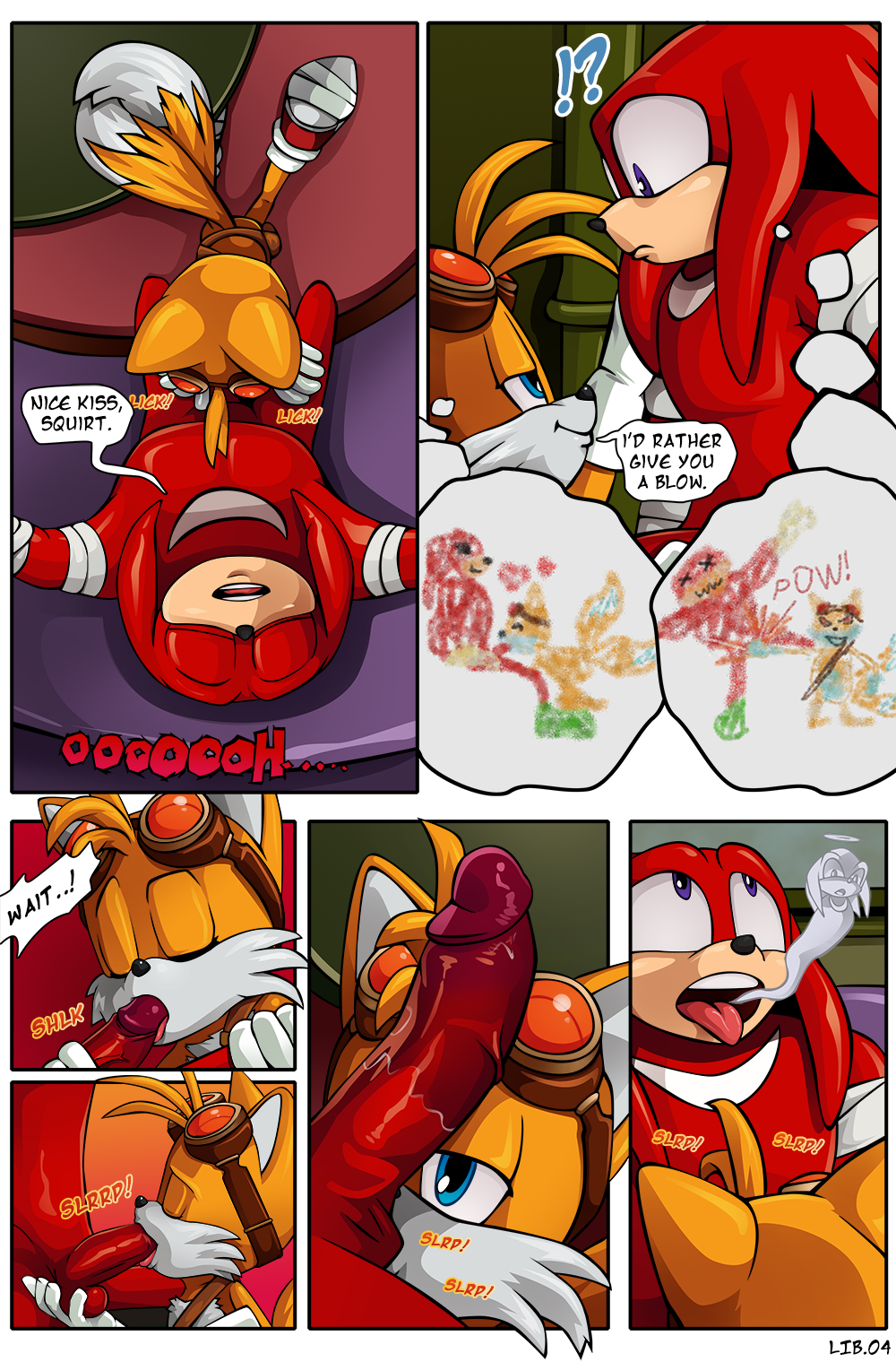 ball_suck big_penis canine comic eyewear fellatio fox furry goggles highres kiss knuckles_the_echidna licking male male/male mammal miles_"tails"_prower nearphotison oral penis red_penis sega sex sonic_boom speech_bubble sucking testicles tongue tongue_out