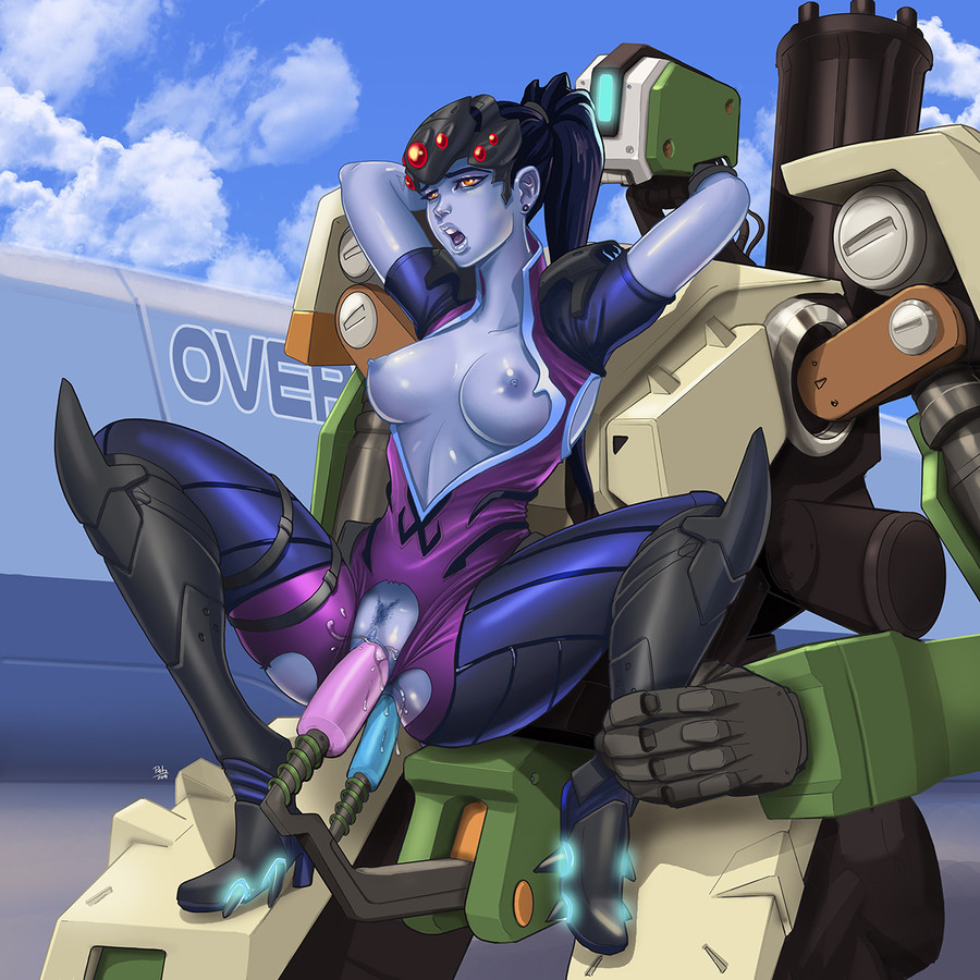 1girl anal_penetration bastion_(overwatch) blue_skin boots breasts cloud dildo double_penetration hair jumpsuit nipples overwatch ponytail robot sky vaginal_penetration widowmaker