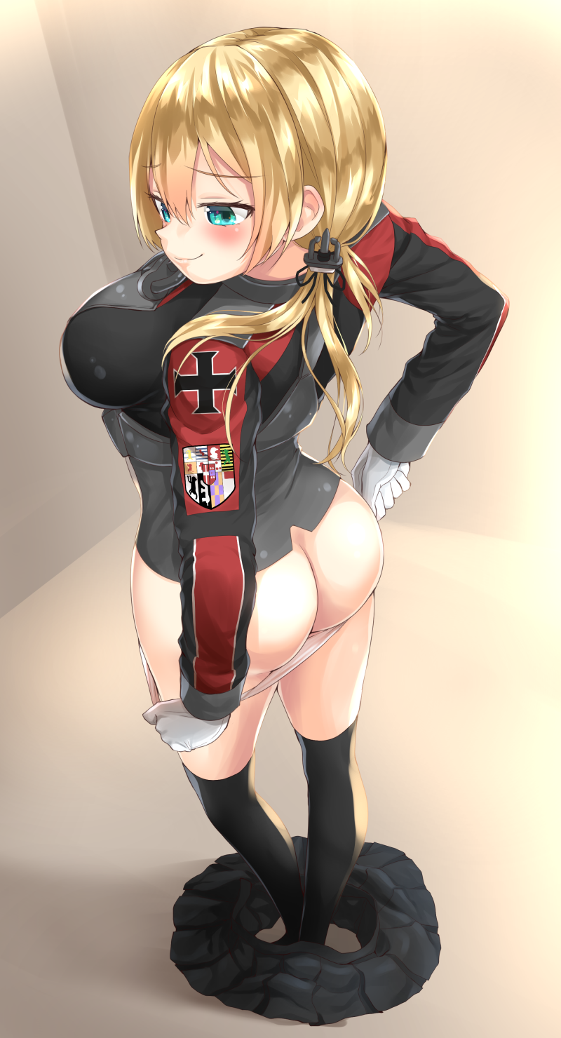 1girl 1girl anchor_hair_ornament ass big_breasts blonde blue_eyes breasts gloves hair_ornament high_resolution kantai_collection long_hair low_twintails military military_uniform mooning oekakizuki panties panty_pull prinz_eugen_(kantai_collection) shiny shiny_hair shiny_skin skirt smile stockings tied_hair twin_tails underwear undressing uniform